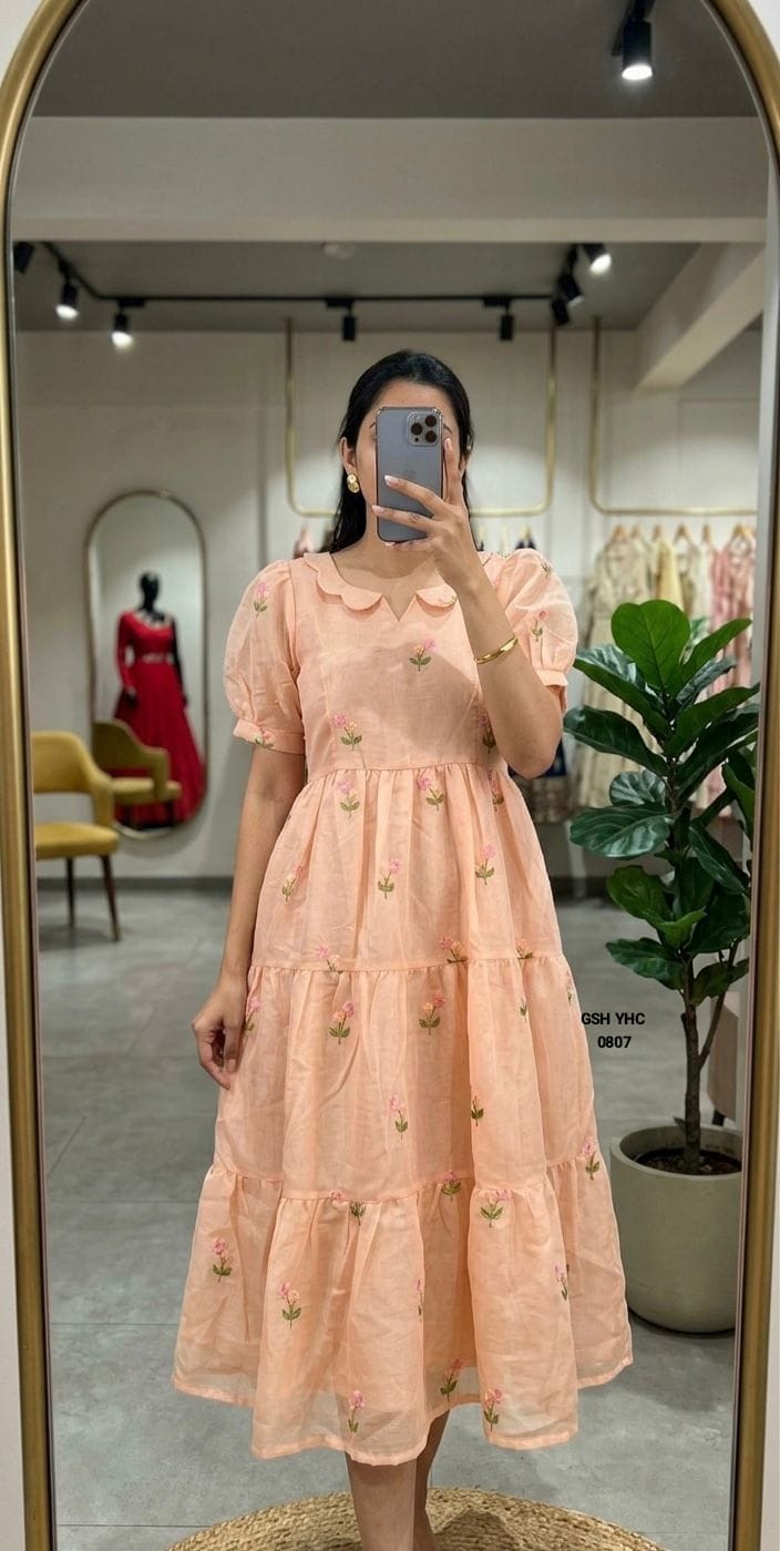 Peach Floral Embroidered Cotton Midi Dress – Peach Pink